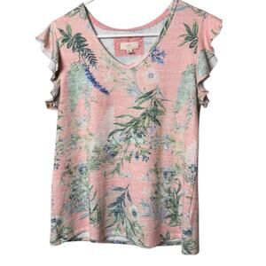 Cupio Blush Womens Short Sleeve Floral Print  v Front Flutter Sleeve Blouse Sz S